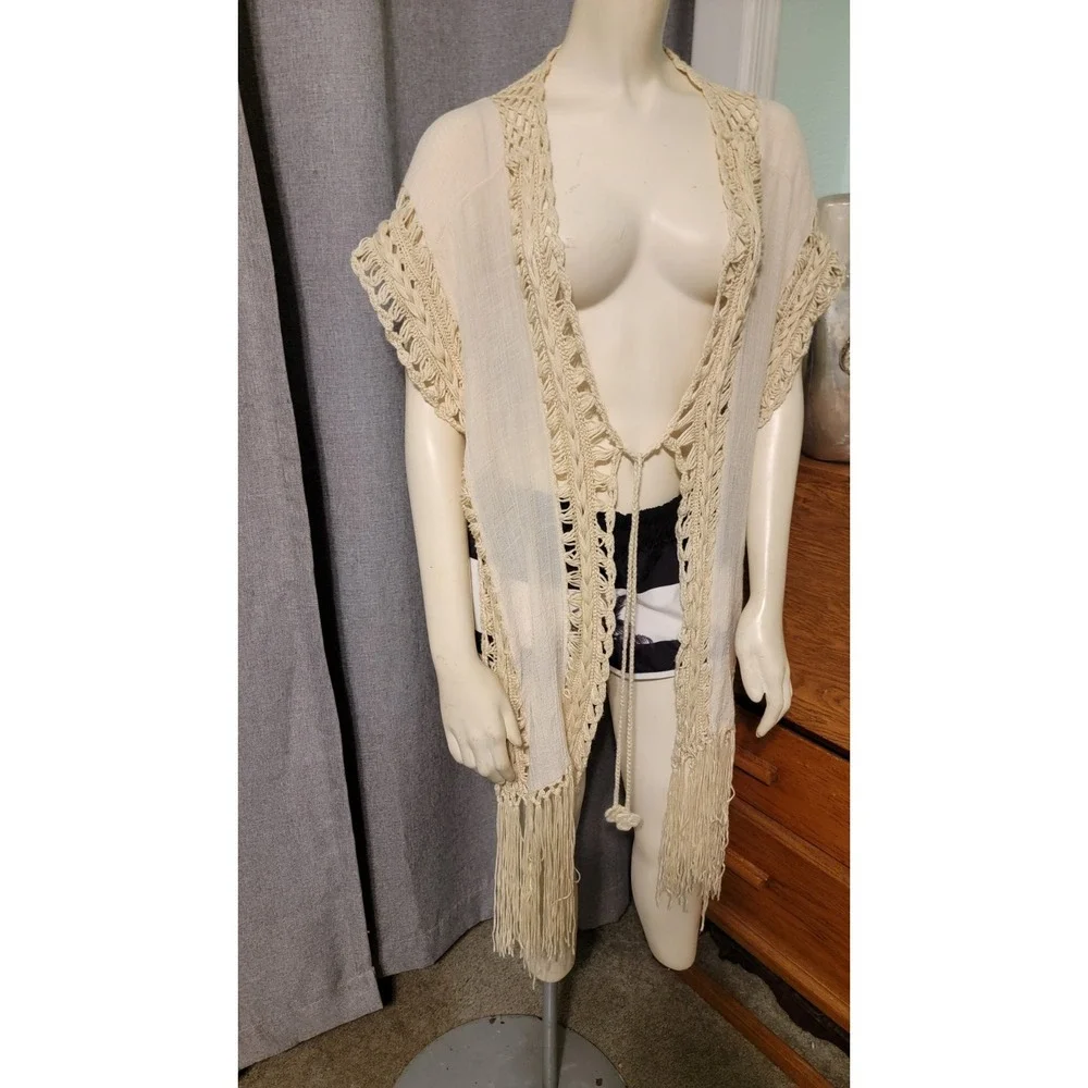 Boho‎ Crochet Kimono Cardigan With Fringe Sweater Women's Size S/M Kori America